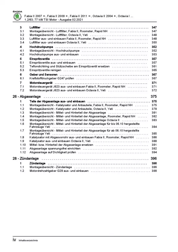 SKODA Fabia 5J (06-14) 4-Zyl. 1,2l Benzinmotor 85-105 PS Reparaturanleitung PDF