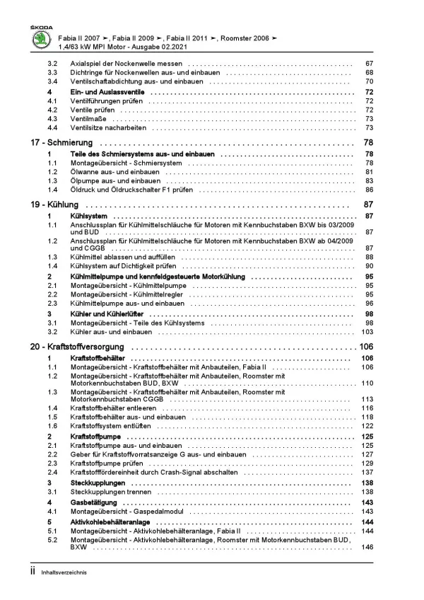 SKODA Fabia 5J 2006-2014 4-Zyl. 1,4l Benzinmotor 85 PS Reparaturanleitung PDF