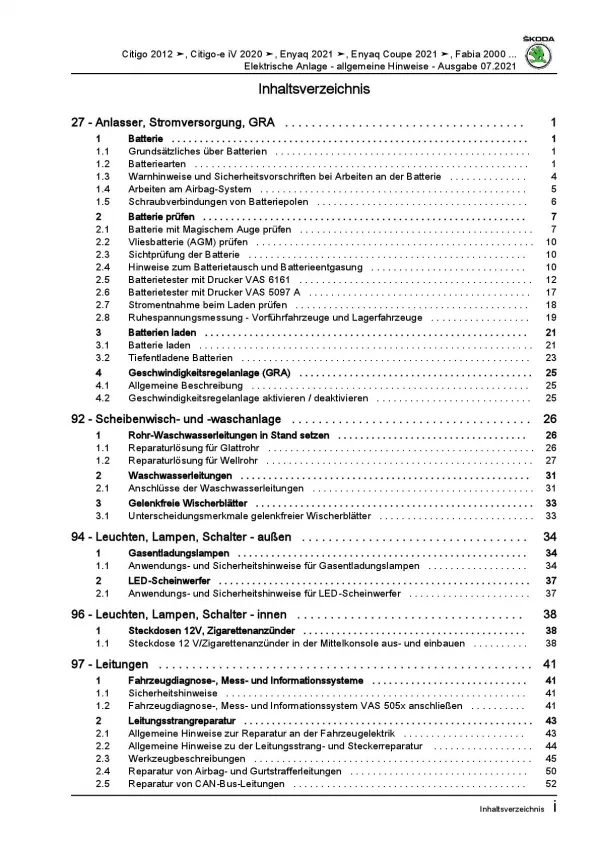 SKODA Fabia 2006-2014 Allgemeine Infos Elektrische Anlage Reparaturanleitung PDF