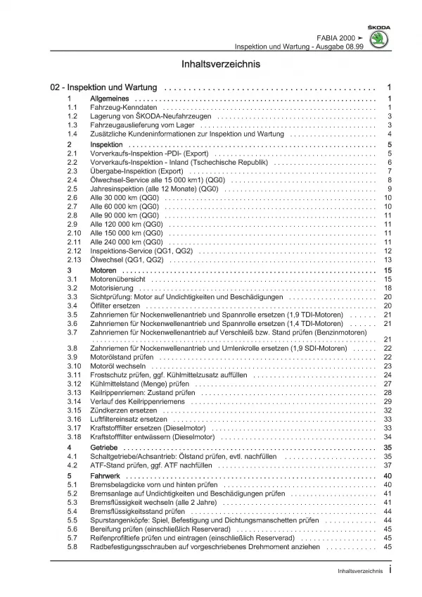 SKODA Fabia 6Y (99-07) Instandhaltung Inspektion Wartung Reparaturanleitung PDF