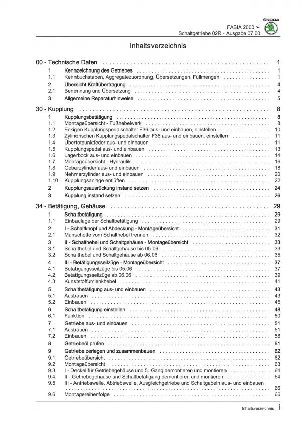SKODA Fabia 6Y (99-07) 5 Gang Schaltgetriebe 02R Kupplung Reparaturanleitung PDF