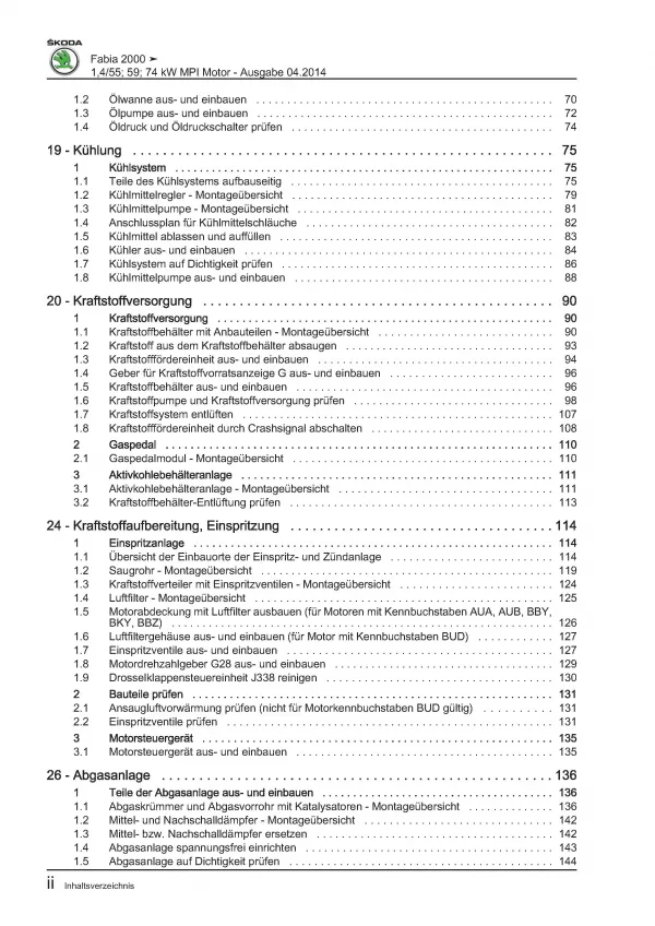 SKODA Fabia 6Y (99-07) 4-Zyl. 1,4l Benzinmotor 75-100 PS Reparaturanleitung PDF