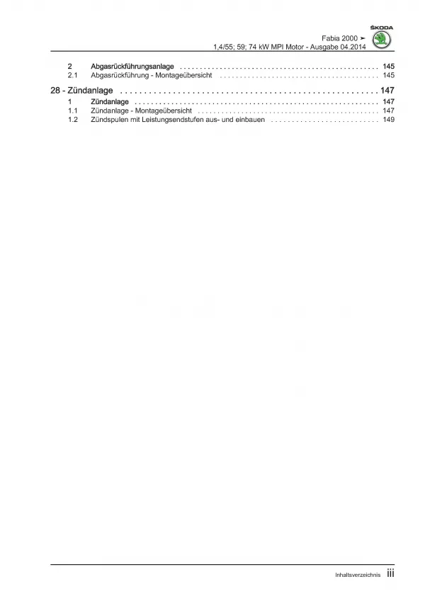 SKODA Fabia 6Y (99-07) 4-Zyl. 1,4l Benzinmotor 75-100 PS Reparaturanleitung PDF