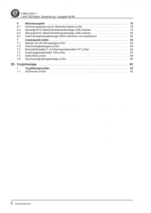 SKODA Fabia (99-07) Diesel Einspritz- Vorglühanlage 1,9l Reparaturanleitung PDF
