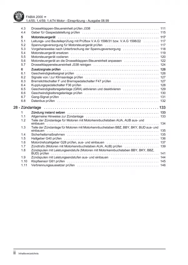 SKODA Fabia 1999-2007 Benziner Einspritz- Zündanlage 1,4l Reparaturanleitung PDF