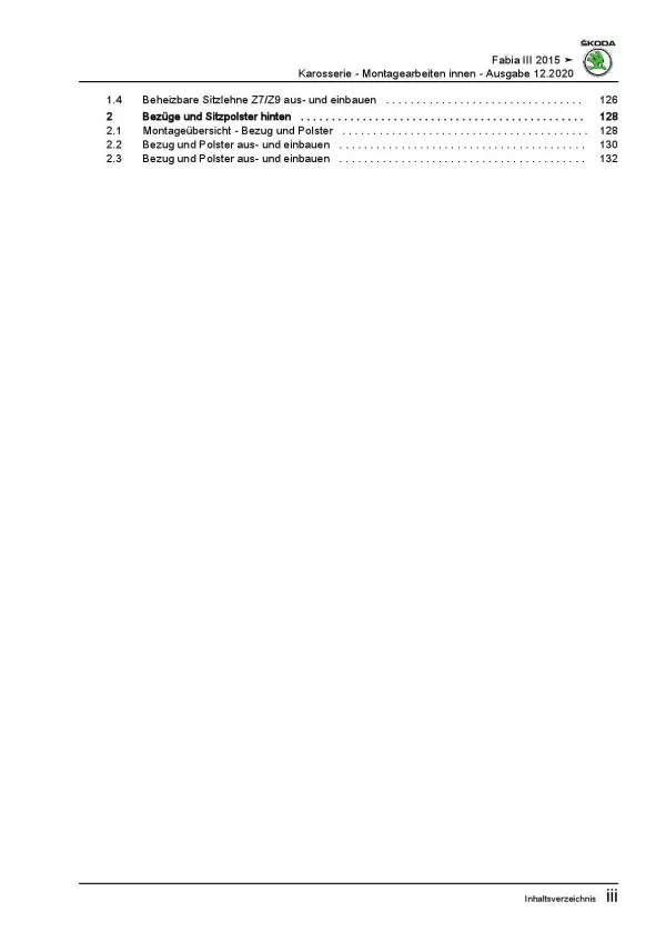 SKODA Fabia NJ 2014-2021 Karosserie Montagearbeiten Innen Reparaturanleitung PDF