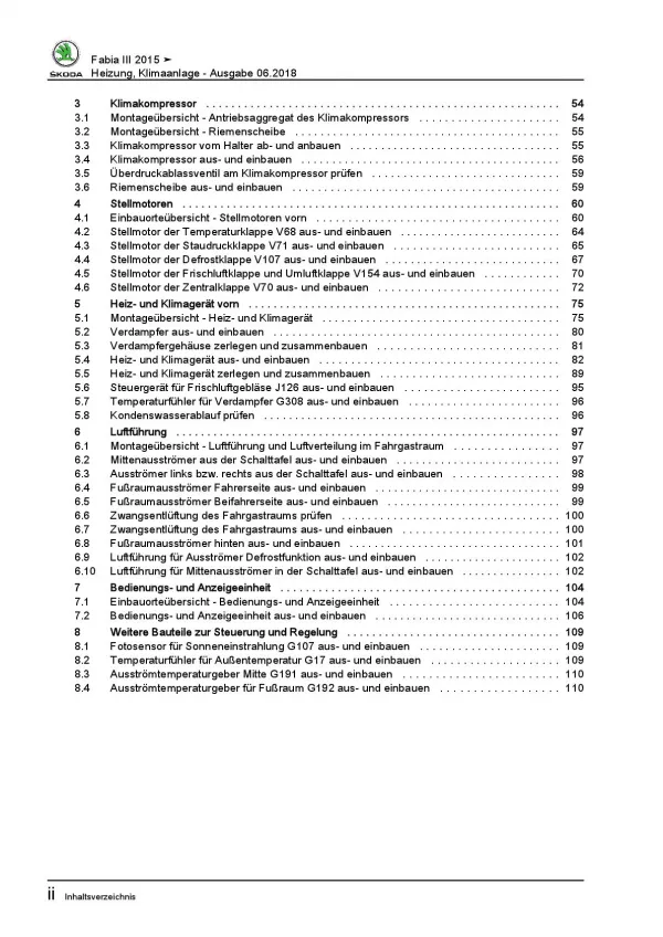 SKODA Fabia NJ 2014-2021 Heizung Belüftung Klimaanlage Reparaturanleitung PDF