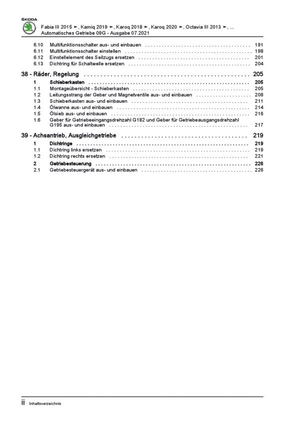 SKODA Fabia Typ NJ 2014-2021 6 Gang Automatikgetriebe 09G Reparaturanleitung PDF