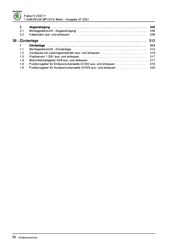 SKODA Fabia PJ ab 2021 3-Zyl. 1,0l Benzinmotor 65-80 PS Reparaturanleitung PDF