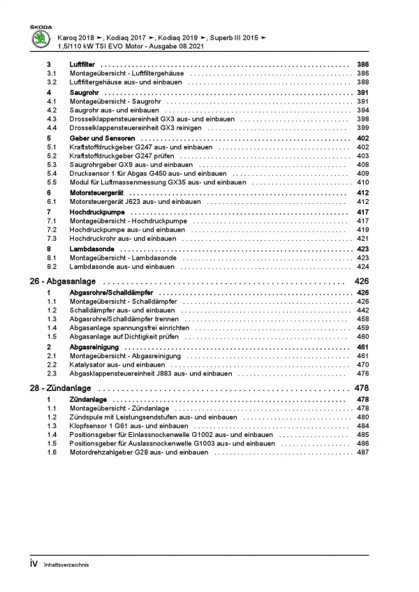 Skoda Karoq Typ NU ab 2017 4-Zyl. 1,5l Benzinmotor 150 PS Reparaturanleitung PDF