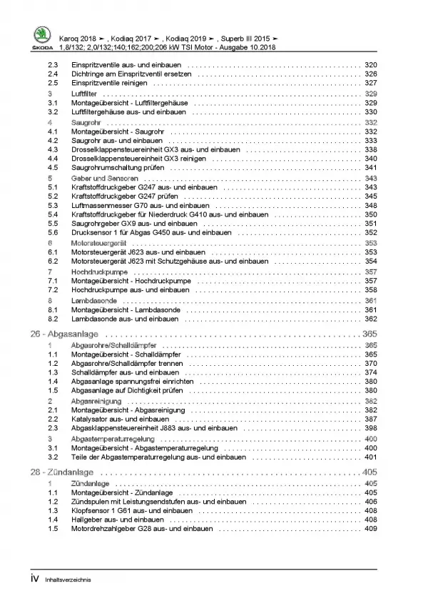 Skoda Karoq NU ab 2017 1,8l 2,0l Benzinmotor 180-280 PS Reparaturanleitung PDF