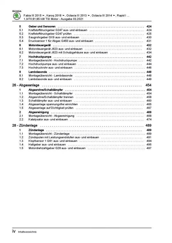 Skoda Karoq NU ab 2017 3-Zyl. 1,0l Benzinmotor 95-115 PS Reparaturanleitung PDF