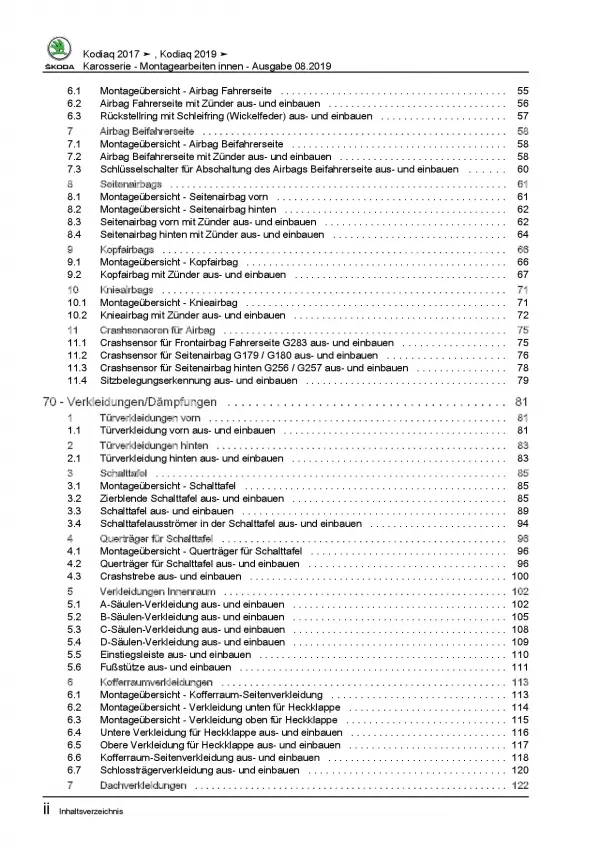 Skoda Kodiaq NS ab 2016 Karosserie Montagearbeiten Innen Reparaturanleitung PDF