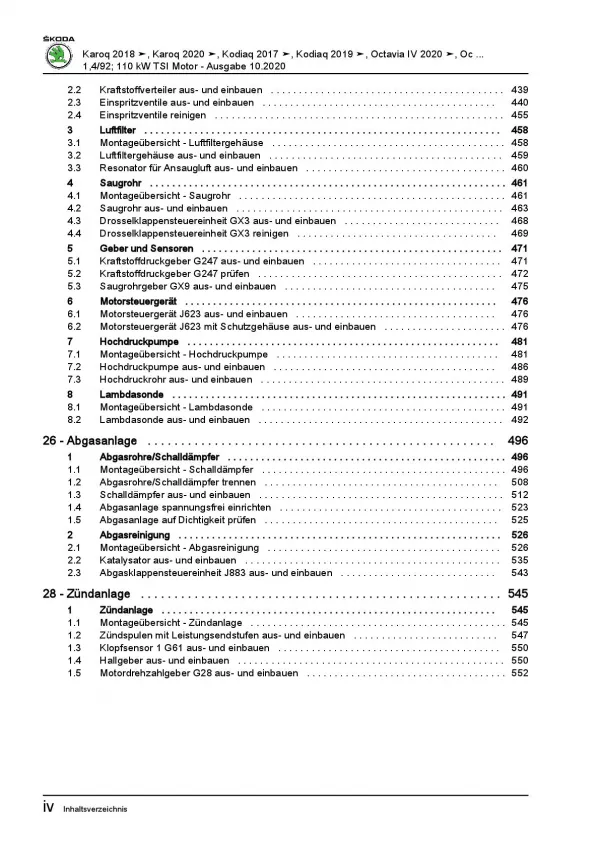 Skoda Kodiaq Typ NS ab 2016 4-Zyl. Benzinmotor 125-150 PS Reparaturanleitung PDF