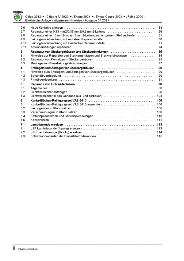 SKODA Kushaq ab 2021 Allgemeine Infos Elektrische Anlage Reparaturanleitung PDF