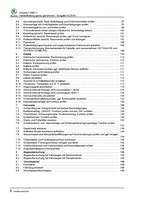 SKODA Octavia 1996-2010 Instandhaltung Inspektion Wartung Reparaturanleitung PDF