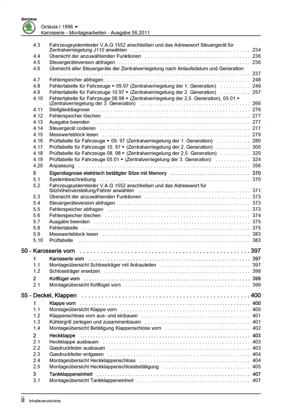 SKODA Octavia 1U 1996-2010 Karosseriearbeiten Innen Außen Reparaturanleitung PDF