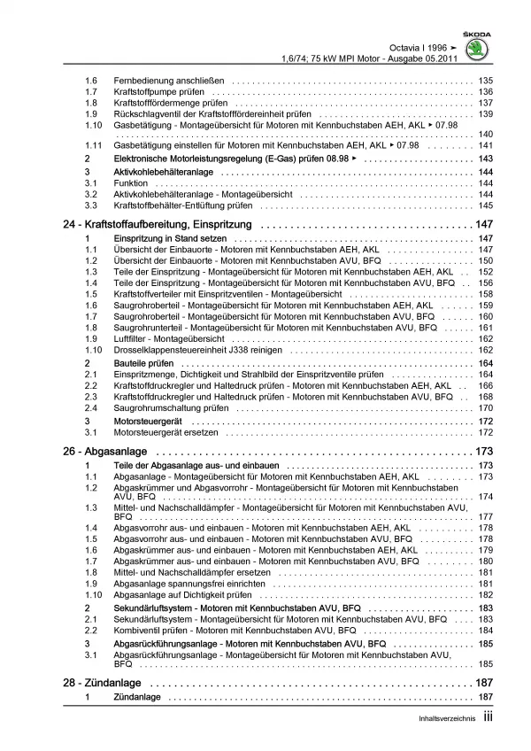 SKODA Octavia 1U 1996-2010 4-Zyl. Benzinmotor 100-102 PS Reparaturanleitung PDF