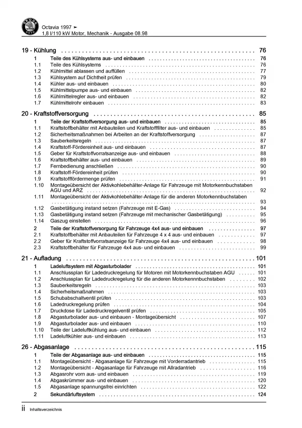 SKODA Octavia 1U (96-10) 1,8l Benzinmotor 150 PS Mechanik Reparaturanleitung PDF