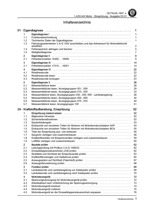 SKODA Octavia (96-10) Benzin Einspritz- Zündanlage 75 PS Reparaturanleitung PDF