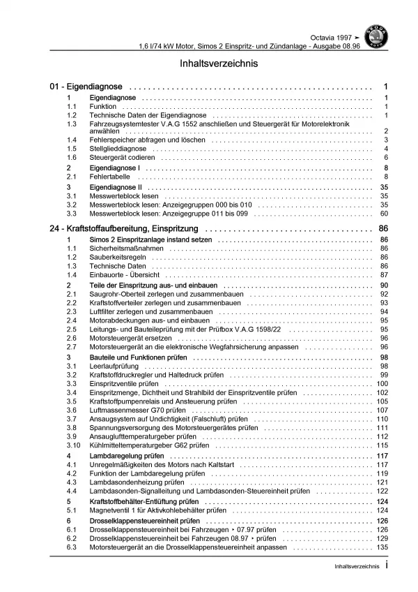 SKODA Octavia 1996-2010 Simos Einspritz Zündanlage 100 PS Reparaturanleitung PDF