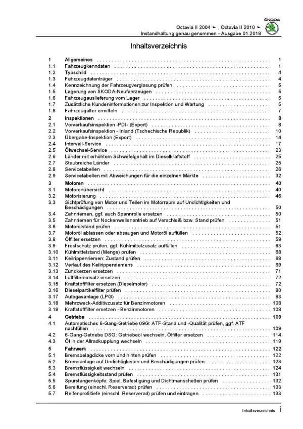 SKODA Octavia 2004-2013 Instandhaltung Inspektion Wartung Reparaturanleitung PDF