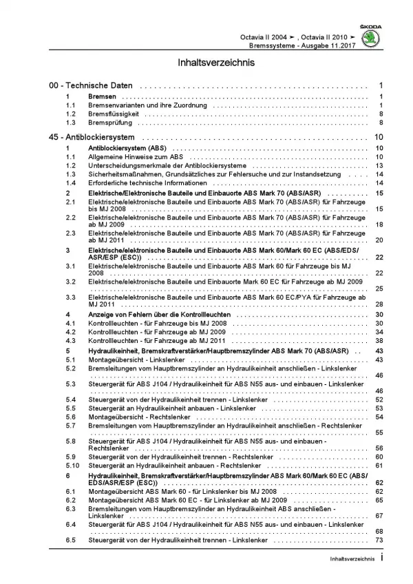 SKODA Octavia 1Z 2004-2013 Bremsanlagen Bremsen System Reparaturanleitung PDF