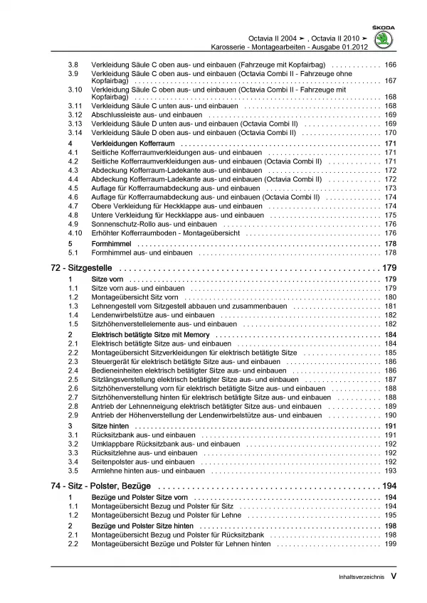 SKODA Octavia 1Z 2004-2013 Karosseriearbeiten Innen Außen Reparaturanleitung PDF