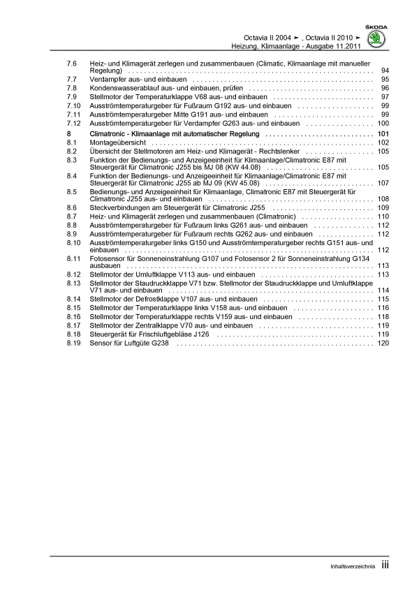 SKODA Octavia 1Z 2004-2013 Heizung Belüftung Klimaanlage Reparaturanleitung PDF
