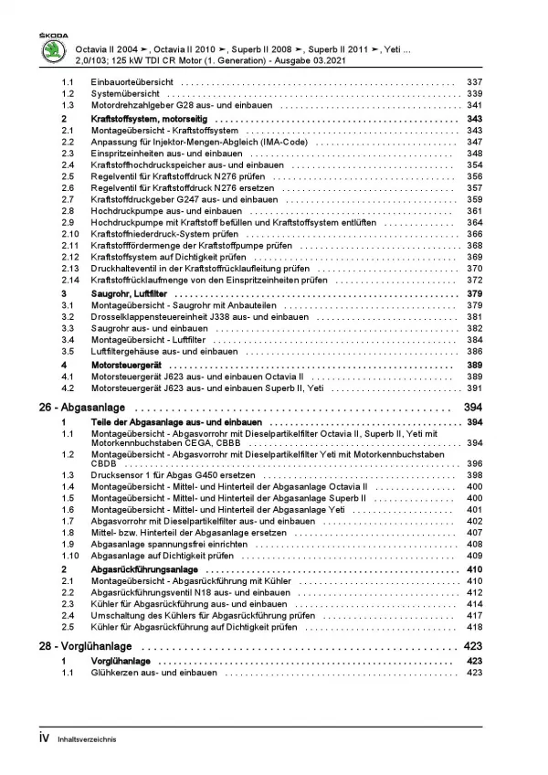SKODA Octavia 2004-2013 4-Zyl. Dieselmotor TDI 140-170 PS Reparaturanleitung PDF