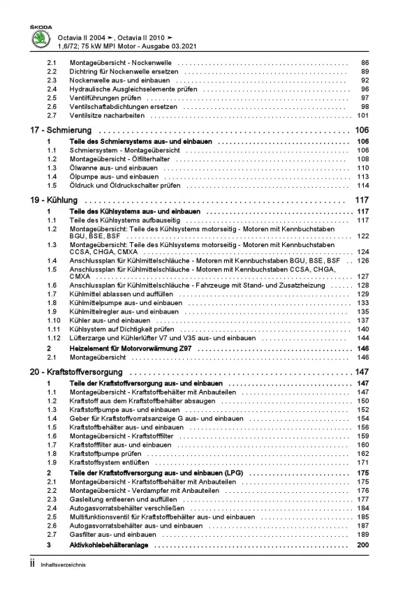 SKODA Octavia 1Z 2004-2013 4-Zyl. Benzinmotor 98-102 PS Reparaturanleitung PDF