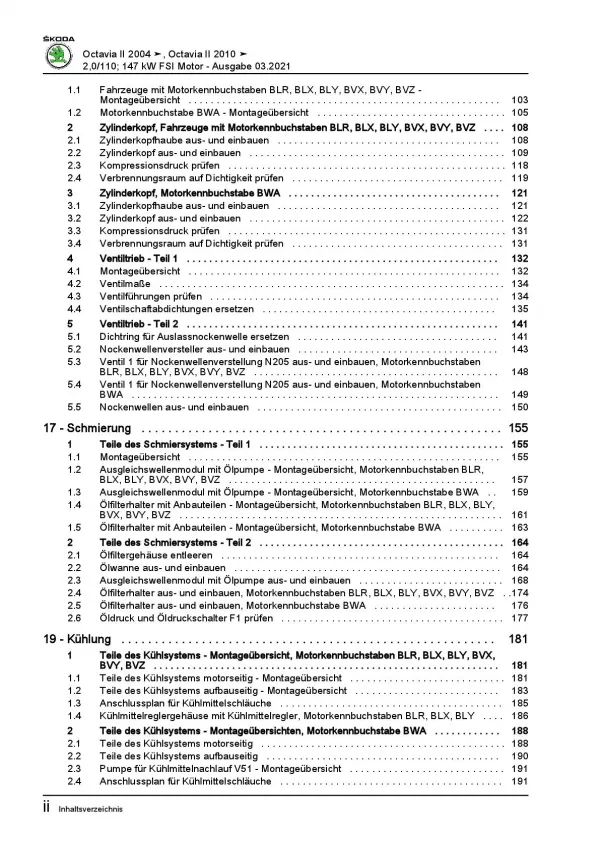 SKODA Octavia 1Z 2004-2013 4-Zyl. Benzinmotor 150-200 PS Reparaturanleitung PDF