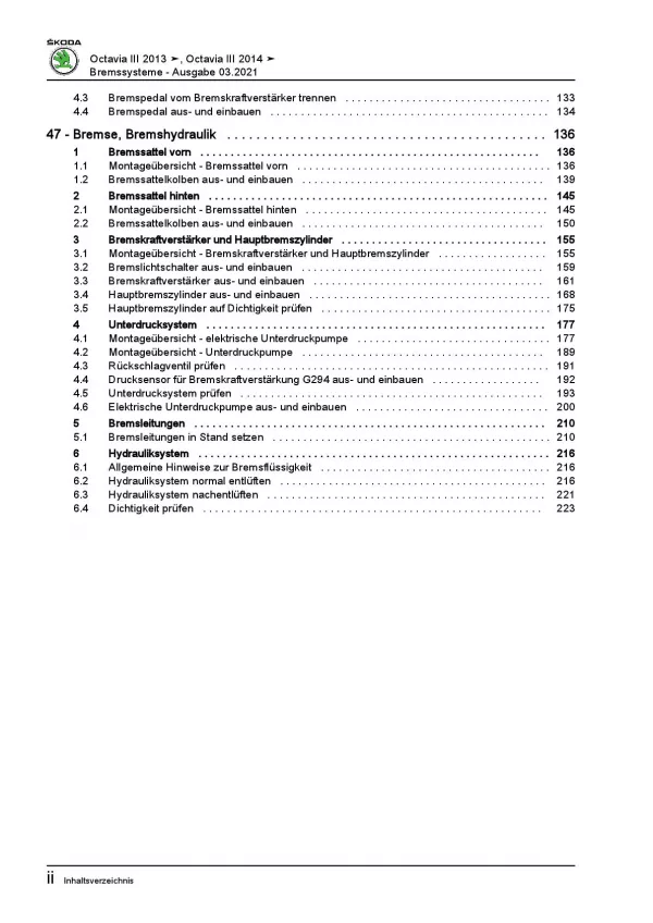 SKODA Octavia 5E (12-20) Bremsanlagen Bremsen System Reparaturanleitung PDF