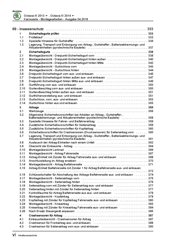 SKODA Octavia 5E 2012-2020 Karosseriearbeiten Innen Außen Reparaturanleitung PDF