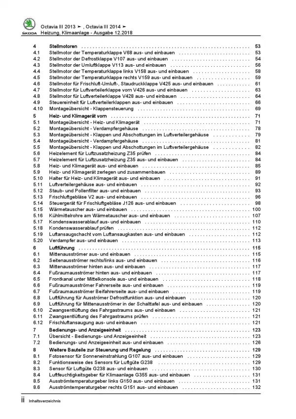 SKODA Octavia 5E 2012-2020 Heizung Belüftung Klimaanlage Reparaturanleitung PDF