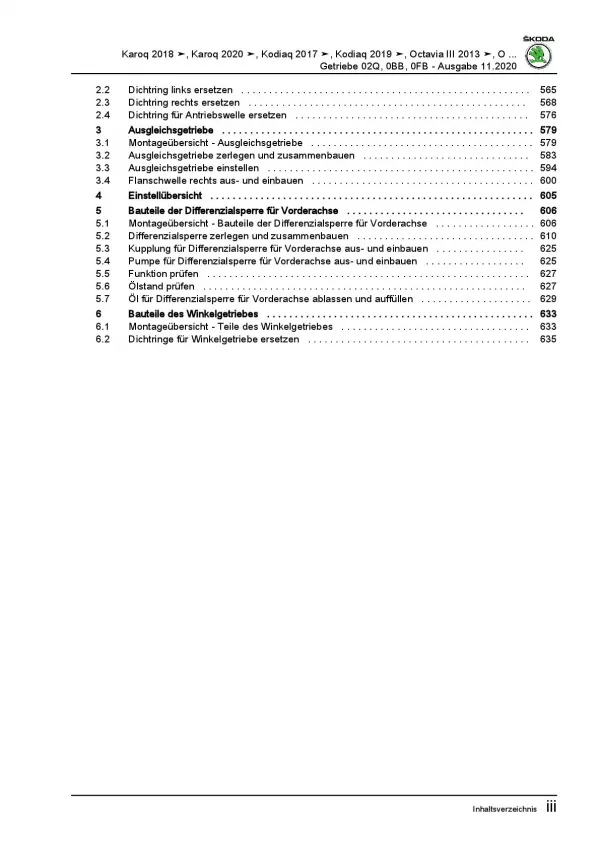 SKODA Octavia 2012-2020 6 Gang Schaltgetriebe 02Q 0BB 0FB Reparaturanleitung PDF