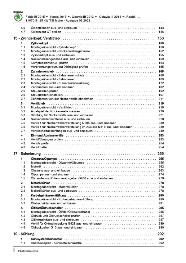 SKODA Octavia 2012-2020 3-Zyl. 1,0l Benzinmotor 95-115 PS Reparaturanleitung PDF