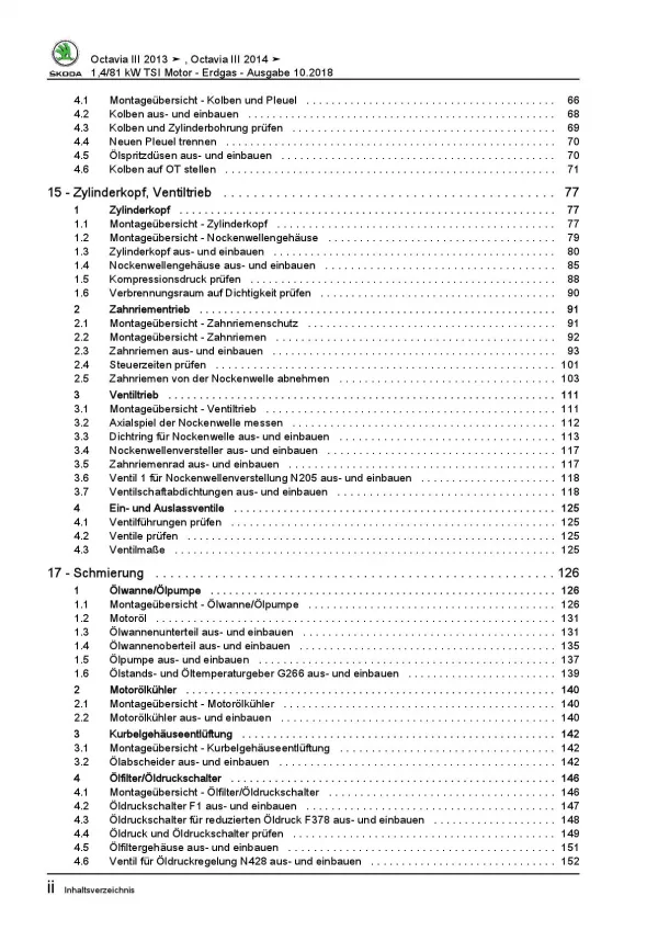 SKODA Octavia 5E 2012-2020 1,4l Erdgas Benzinmotor 110 PS Reparaturanleitung PDF