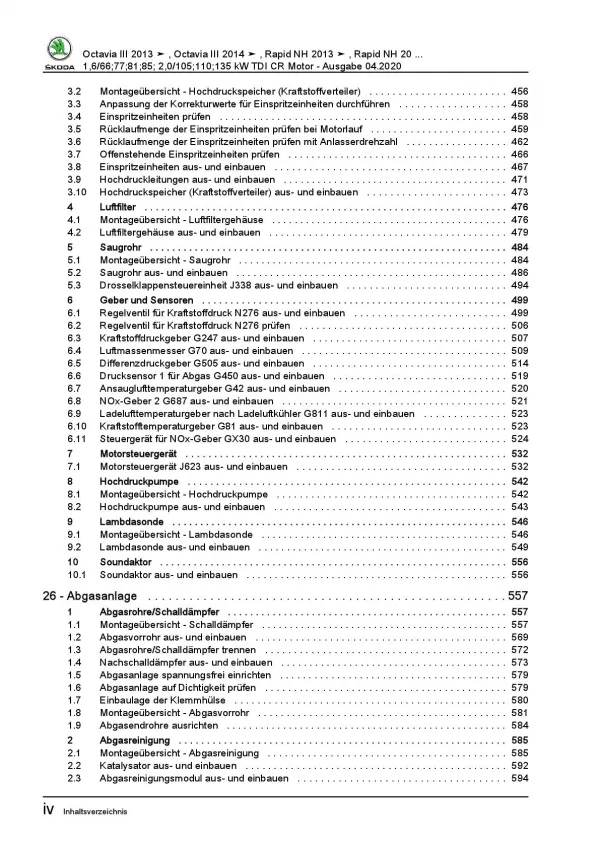 SKODA Octavia 2012-2020 4-Zyl. Dieselmotor TDI 90-184 PS Reparaturanleitung PDF