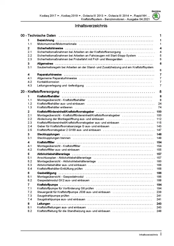 SKODA Octavia (12-20) Kraftstoffversorgung Benzinmotoren Reparaturanleitung PDF
