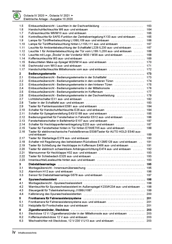 SKODA Octavia Typ NN ab 2019 Elektrische Anlage Systeme Reparaturanleitung PDF