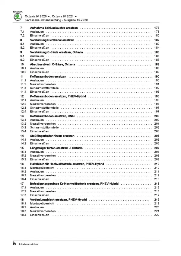 SKODA Octavia NN ab 2019 Karosserie Unfall Instandsetzung Reparaturanleitung PDF