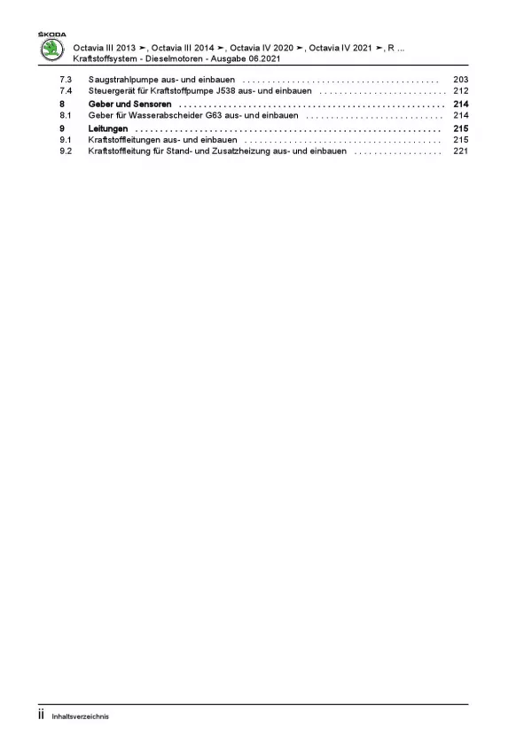 SKODA Octavia NN ab 2019 Kraftstoffversorgung Dieselmotor Reparaturanleitung PDF