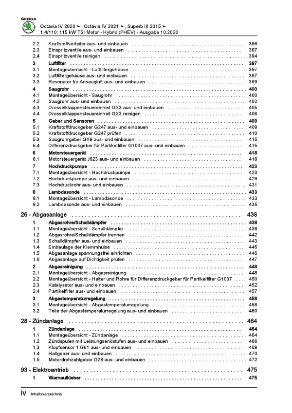 SKODA Octavia ab 2019 4-Zyl. 1,4l Benzinmotor 150-156 PS Reparaturanleitung PDF