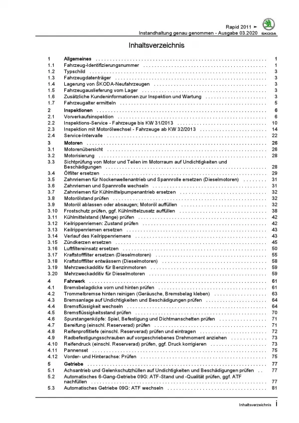 SKODA Rapid NA (11-17) Instandhaltung Inspektion Wartung Reparaturanleitung PDF