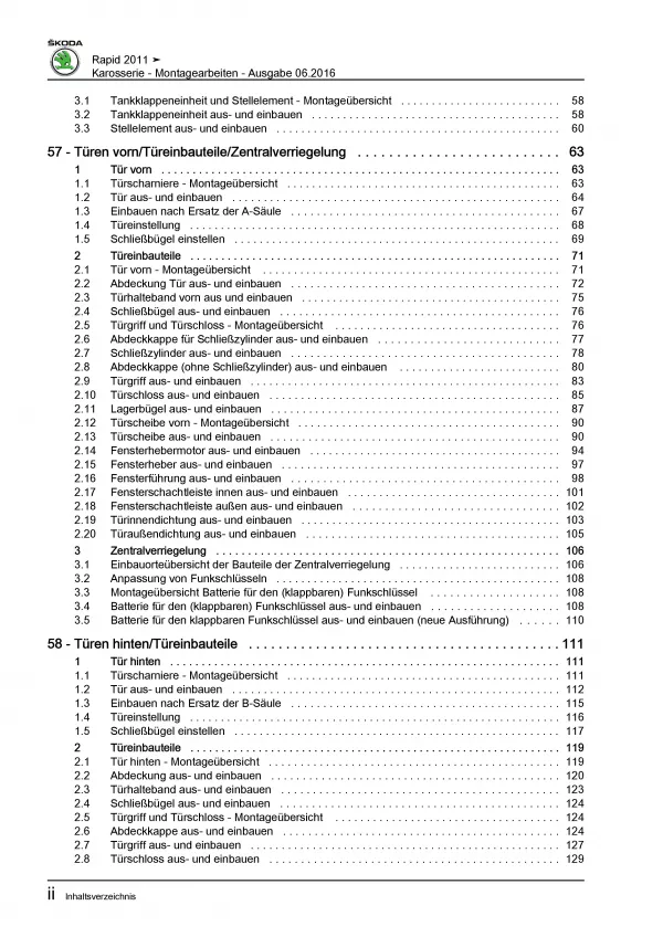 SKODA Rapid Typ NA (11-17) Karosseriearbeiten Innen Außen Reparaturanleitung PDF