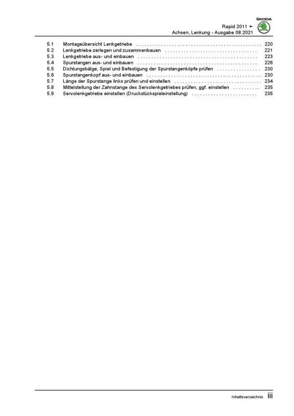 SKODA Rapid Typ NA 2011-2017 Fahrwerk Achsen Lenkung Reparaturanleitung PDF