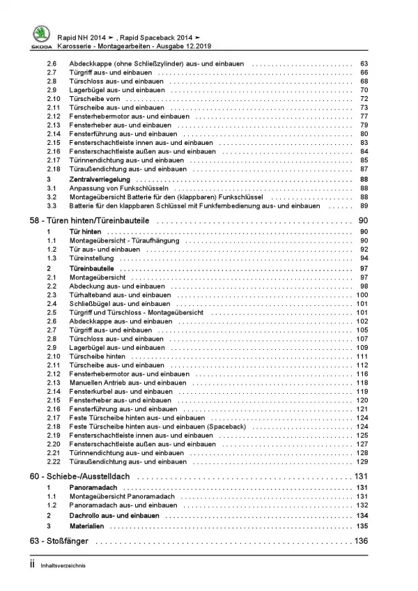 SKODA Rapid NH 2012-2020 Karosseriearbeiten Innen Außen Reparaturanleitung PDF