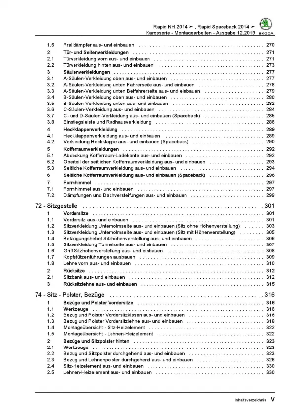 SKODA Rapid NH 2012-2020 Karosseriearbeiten Innen Außen Reparaturanleitung PDF