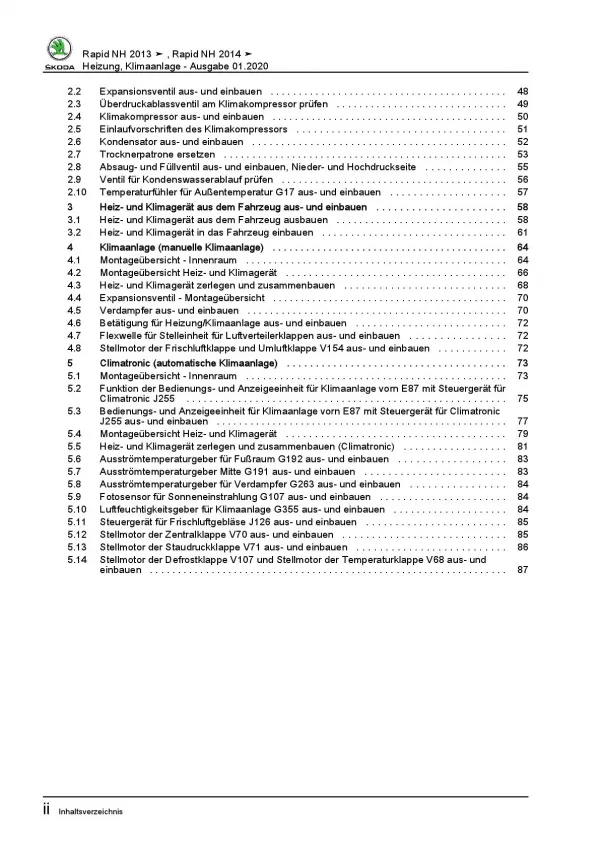 SKODA Rapid NH 2012-2020 Heizung Belüftung Klimaanlage Reparaturanleitung PDF